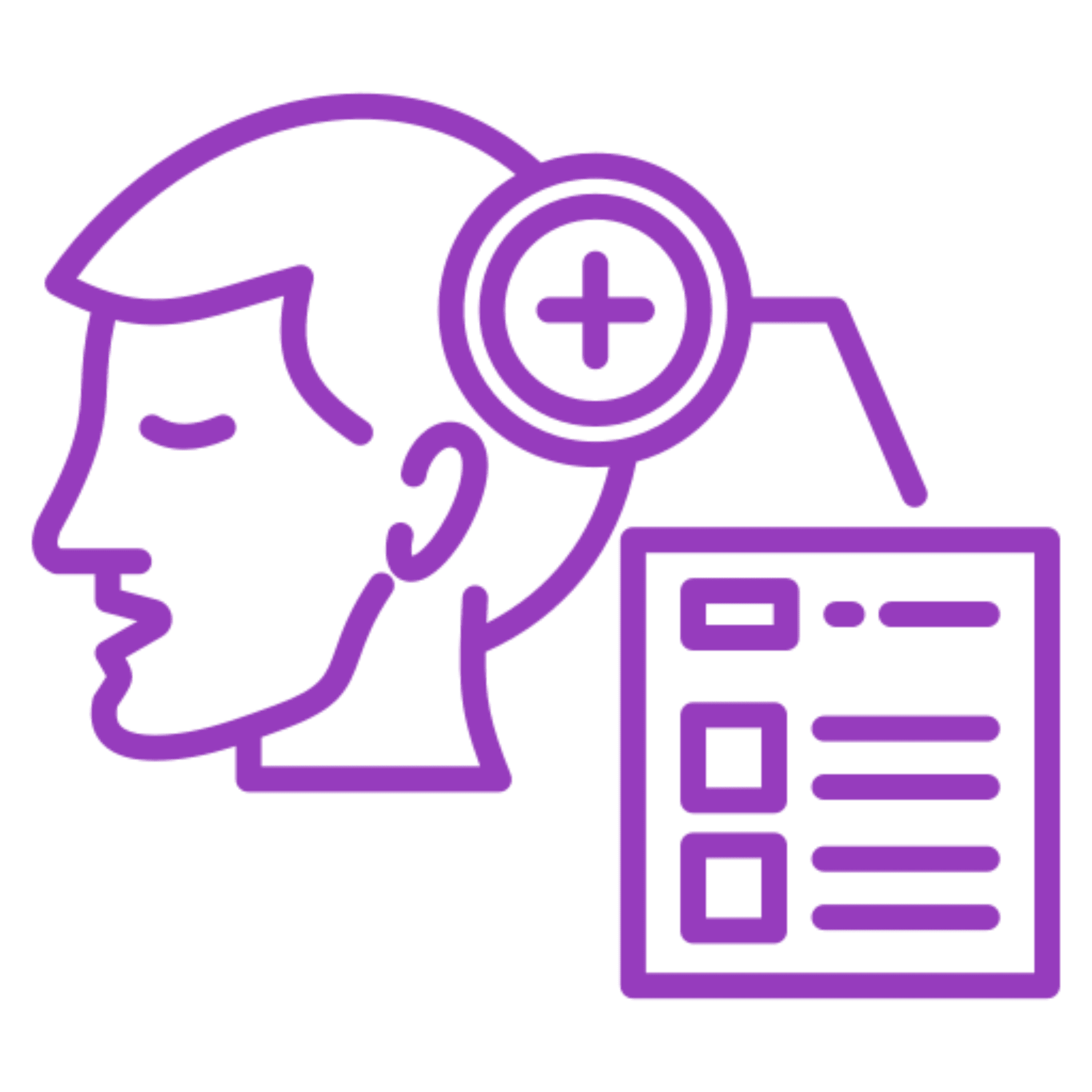 Head with checklist icon, purple outline.