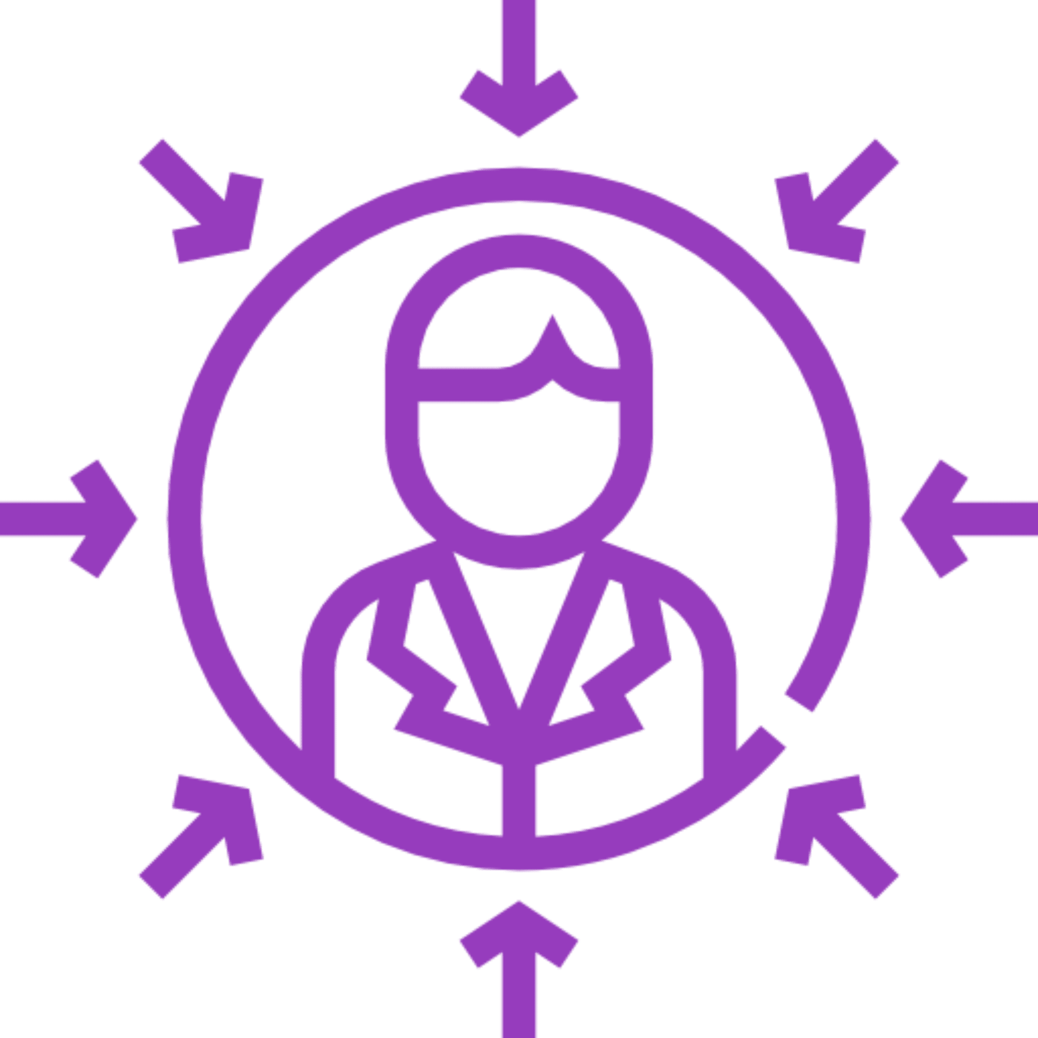 Person icon with surrounding arrows, purple design.